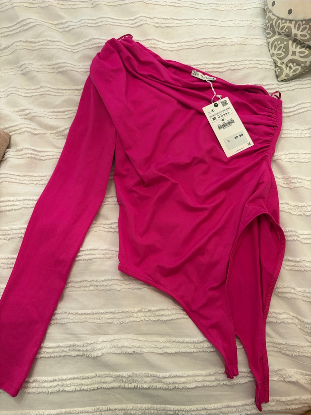 NWT ZARA Bright Pink One-Shoulder Bodysuit - M